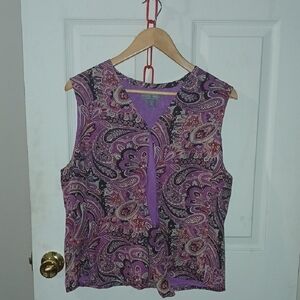 Kate Hill Purple Paisley Button-Front V-Neck Camisole Top 100% SILK